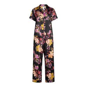 Joyspun Womens Stretch Satin LONG Pajama Set 2-Piece SMALL BLACK/W FLORAL BLOOMS
